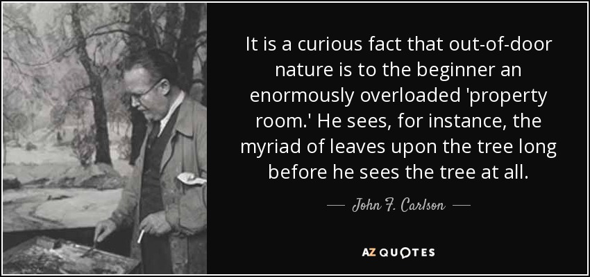 It is a curious fact that out-of-door nature is to the beginner an enormously overloaded 'property room.' He sees, for instance, the myriad of leaves upon the tree long before he sees the tree at all. - John F. Carlson