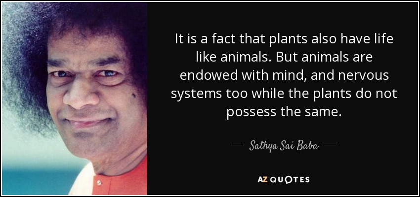 It is a fact that plants also have life like animals. But animals are endowed with mind, and nervous systems too while the plants do not possess the same. - Sathya Sai Baba