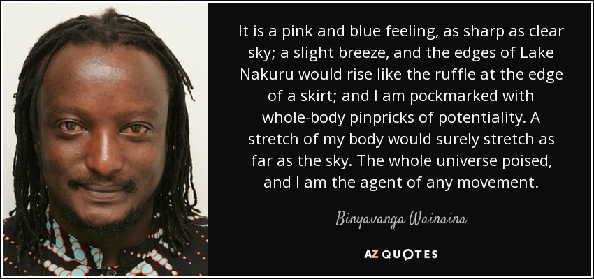 It is a pink and blue feeling, as sharp as clear sky; a slight breeze, and the edges of Lake Nakuru would rise like the ruffle at the edge of a skirt; and I am pockmarked with whole-body pinpricks of potentiality. A stretch of my body would surely stretch as far as the sky. The whole universe poised, and I am the agent of any movement. - Binyavanga Wainaina