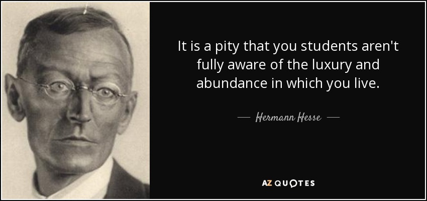 It is a pity that you students aren't fully aware of the luxury and abundance in which you live. - Hermann Hesse