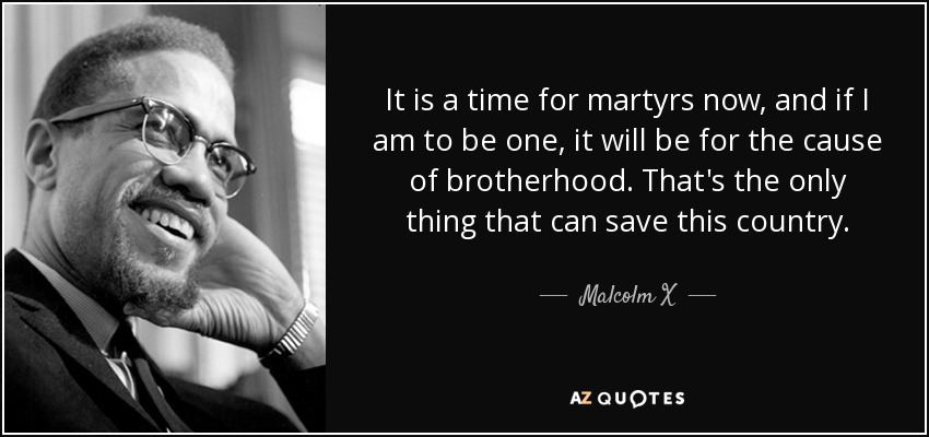It is a time for martyrs now, and if I am to be one, it will be for the cause of brotherhood. That's the only thing that can save this country. - Malcolm X
