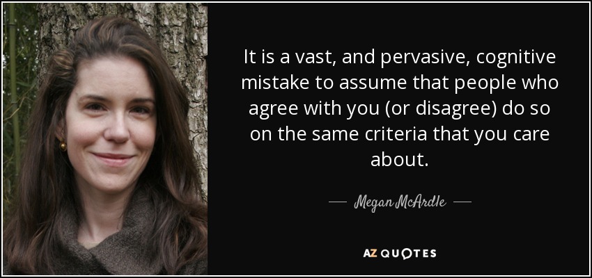 It is a vast, and pervasive, cognitive mistake to assume that people who agree with you (or disagree) do so on the same criteria that you care about. - Megan McArdle