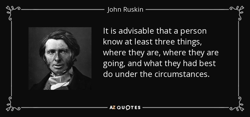 It is advisable that a person know at least three things, where they are, where they are going, and what they had best do under the circumstances. - John Ruskin