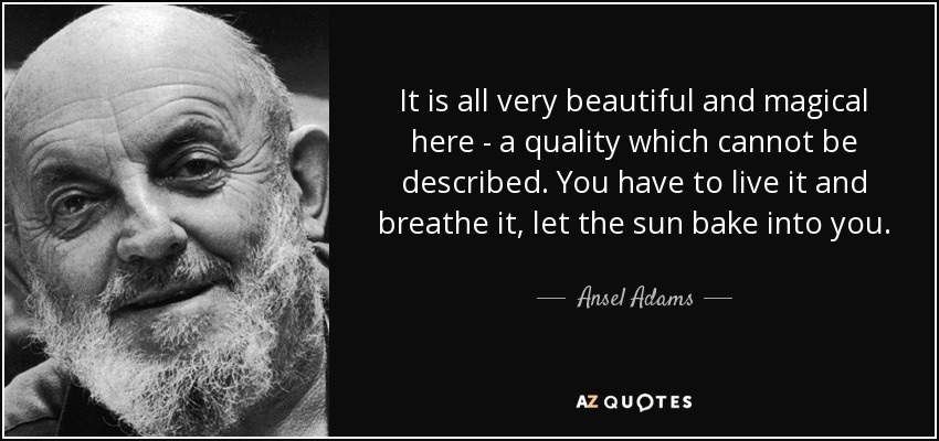 It is all very beautiful and magical here - a quality which cannot be described. You have to live it and breathe it, let the sun bake into you. - Ansel Adams