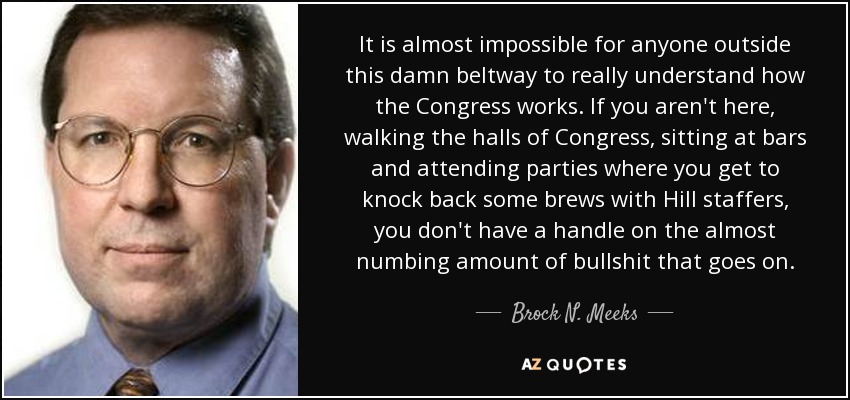 It is almost impossible for anyone outside this damn beltway to really understand how the Congress works. If you aren't here, walking the halls of Congress, sitting at bars and attending parties where you get to knock back some brews with Hill staffers, you don't have a handle on the almost numbing amount of bullshit that goes on. - Brock N. Meeks