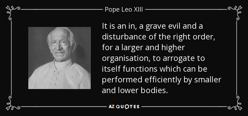 It is an in, a grave evil and a disturbance of the right order, for a larger and higher organisation, to arrogate to itself functions which can be performed efficiently by smaller and lower bodies. - Pope Leo XIII