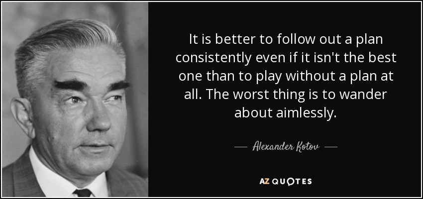 It is better to follow out a plan consistently even if it isn't the best one than to play without a plan at all. The worst thing is to wander about aimlessly. - Alexander Kotov