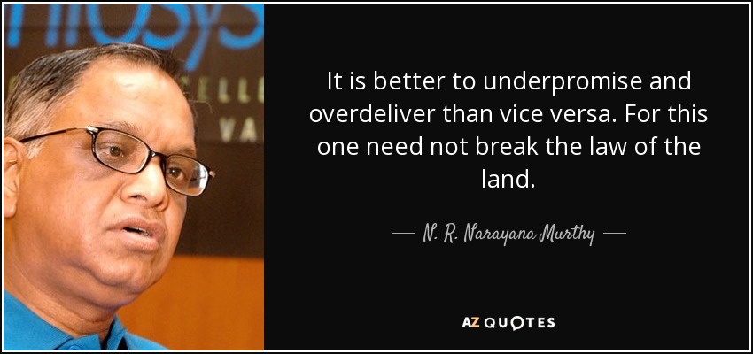 It is better to underpromise and overdeliver than vice versa. For this one need not break the law of the land. - N. R. Narayana Murthy