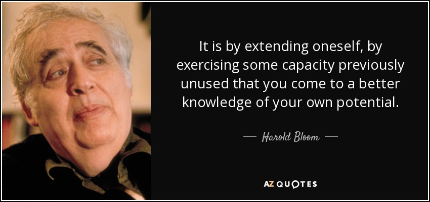 It is by extending oneself, by exercising some capacity previously unused that you come to a better knowledge of your own potential. - Harold Bloom