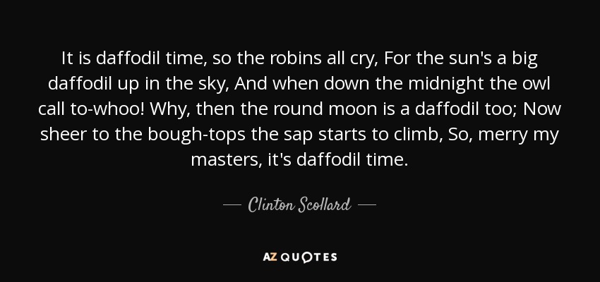 It is daffodil time, so the robins all cry, For the sun's a big daffodil up in the sky, And when down the midnight the owl call to-whoo! Why, then the round moon is a daffodil too; Now sheer to the bough-tops the sap starts to climb, So, merry my masters, it's daffodil time. - Clinton Scollard