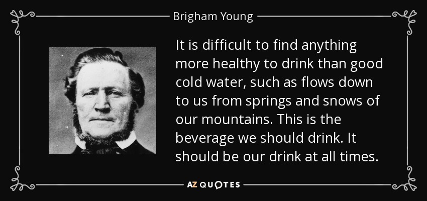 It is difficult to find anything more healthy to drink than good cold water, such as flows down to us from springs and snows of our mountains. This is the beverage we should drink. It should be our drink at all times. - Brigham Young