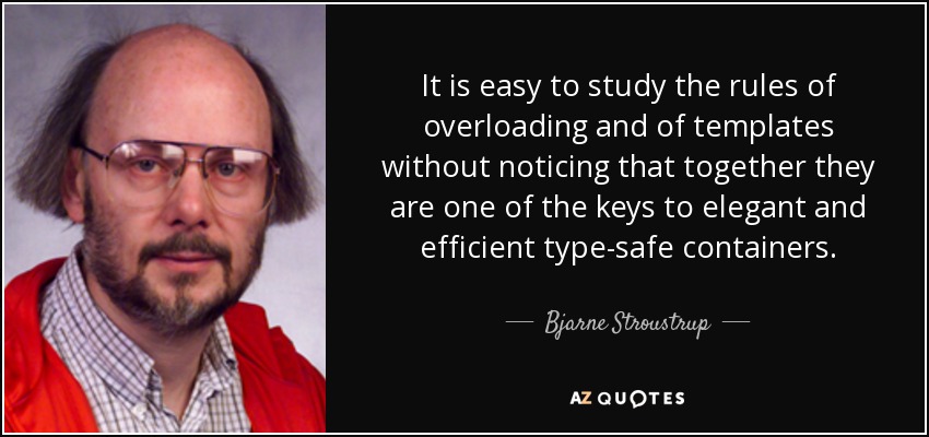 It is easy to study the rules of overloading and of templates without noticing that together they are one of the keys to elegant and efficient type-safe containers. - Bjarne Stroustrup