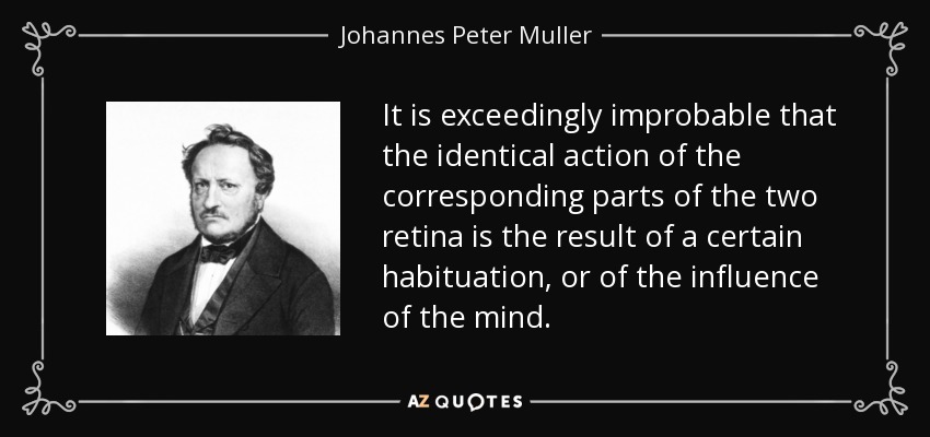 It is exceedingly improbable that the identical action of the corresponding parts of the two retina is the result of a certain habituation, or of the influence of the mind. - Johannes Peter Muller