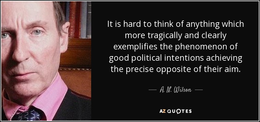 It is hard to think of anything which more tragically and clearly exemplifies the phenomenon of good political intentions achieving the precise opposite of their aim. - A. N. Wilson