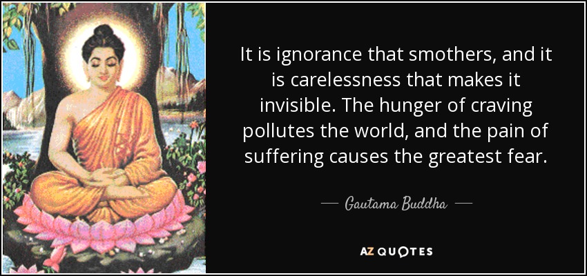 It is ignorance that smothers, and it is carelessness that makes it invisible. The hunger of craving pollutes the world, and the pain of suffering causes the greatest fear. - Gautama Buddha