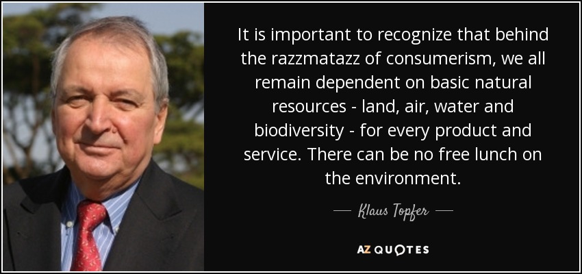 It is important to recognize that behind the razzmatazz of consumerism, we all remain dependent on basic natural resources - land, air, water and biodiversity - for every product and service. There can be no free lunch on the environment. - Klaus Topfer