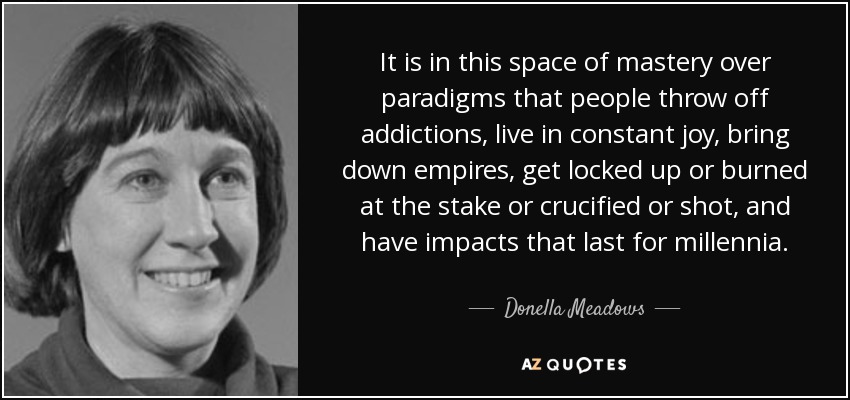 It is in this space of mastery over paradigms that people throw off addictions, live in constant joy, bring down empires, get locked up or burned at the stake or crucified or shot, and have impacts that last for millennia. - Donella Meadows