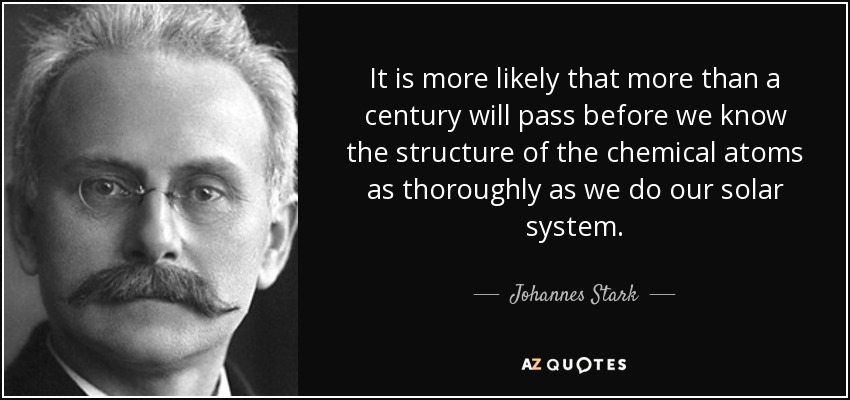 It is more likely that more than a century will pass before we know the structure of the chemical atoms as thoroughly as we do our solar system. - Johannes Stark