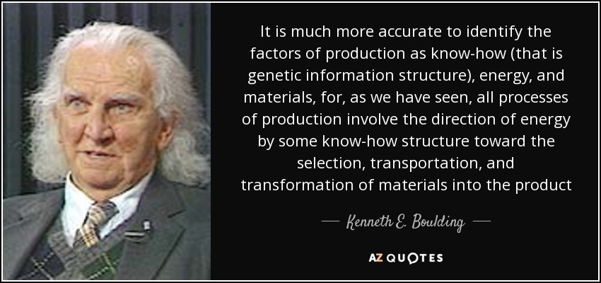 It is much more accurate to identify the factors of production as know-how (that is genetic information structure), energy, and materials, for, as we have seen, all processes of production involve the direction of energy by some know-how structure toward the selection, transportation, and transformation of materials into the product - Kenneth E. Boulding