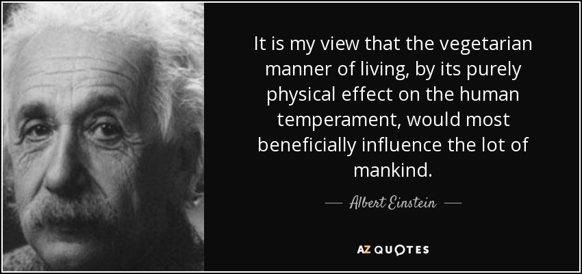 It is my view that the vegetarian manner of living, by its purely physical effect on the human temperament, would most beneficially influence the lot of mankind. - Albert Einstein