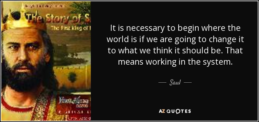 It is necessary to begin where the world is if we are going to change it to what we think it should be. That means working in the system. - Saul