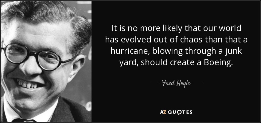 It is no more likely that our world has evolved out of chaos than that a hurricane, blowing through a junk yard, should create a Boeing. - Fred Hoyle