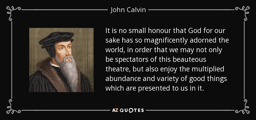 It is no small honour that God for our sake has so magnificently adorned the world, in order that we may not only be spectators of this beauteous theatre, but also enjoy the multiplied abundance and variety of good things which are presented to us in it. - John Calvin