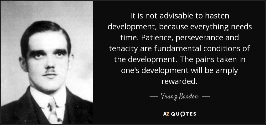 It is not advisable to hasten development, because everything needs time. Patience, perseverance and tenacity are fundamental conditions of the development. The pains taken in one's development will be amply rewarded. - Franz Bardon