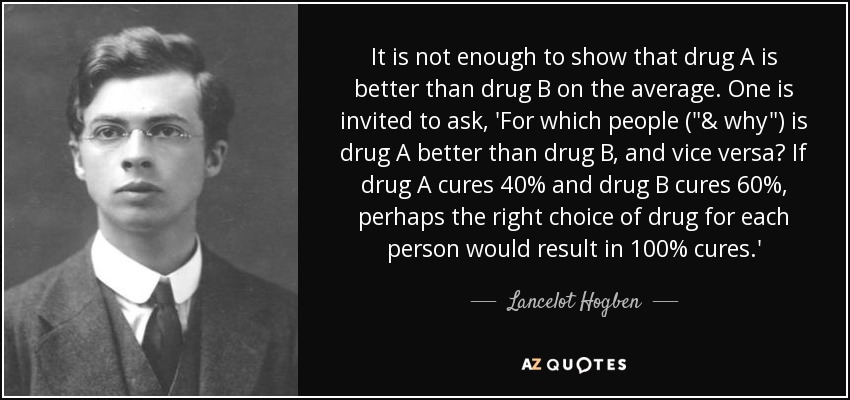 It is not enough to show that drug A is better than drug B on the average. One is invited to ask, 'For which people (