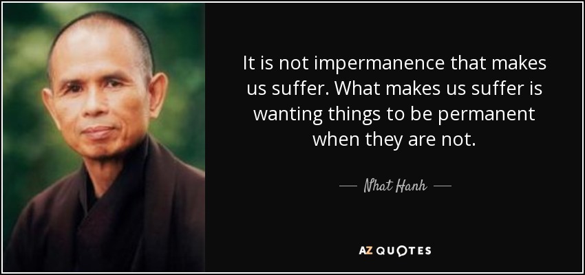 It is not impermanence that makes us suffer. What makes us suffer is wanting things to be permanent when they are not. - Nhat Hanh