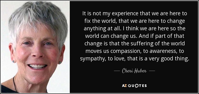 It is not my experience that we are here to fix the world, that we are here to change anything at all. I think we are here so the world can change us. And if part of that change is that the suffering of the world moves us compassion, to awareness, to sympathy, to love, that is a very good thing. - Cheri Huber
