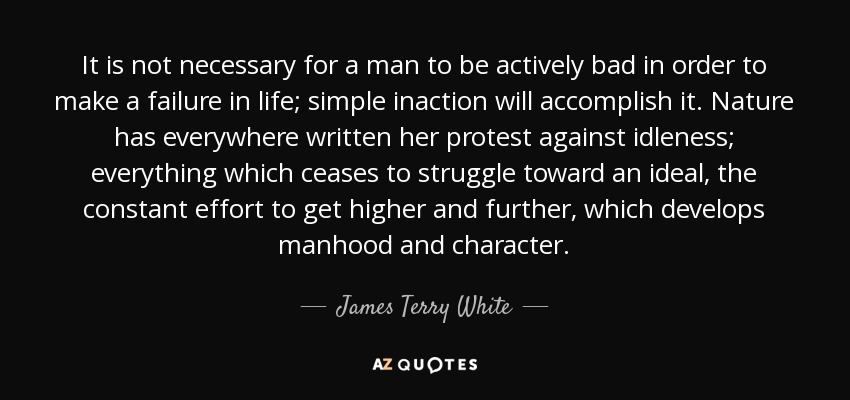 It is not necessary for a man to be actively bad in order to make a failure in life; simple inaction will accomplish it. Nature has everywhere written her protest against idleness; everything which ceases to struggle toward an ideal, the constant effort to get higher and further, which develops manhood and character. - James Terry White