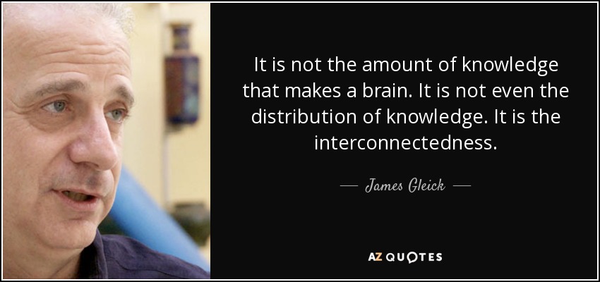 It is not the amount of knowledge that makes a brain. It is not even the distribution of knowledge. It is the interconnectedness. - James Gleick