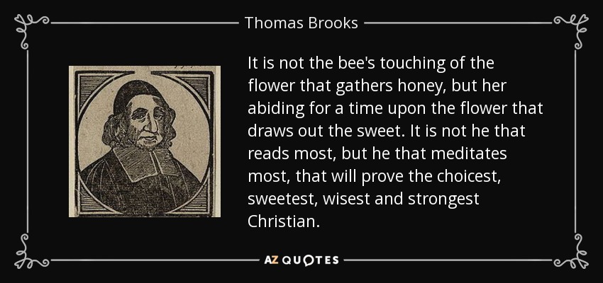 It is not the bee's touching of the flower that gathers honey, but her abiding for a time upon the flower that draws out the sweet. It is not he that reads most, but he that meditates most, that will prove the choicest, sweetest, wisest and strongest Christian. - Thomas Brooks