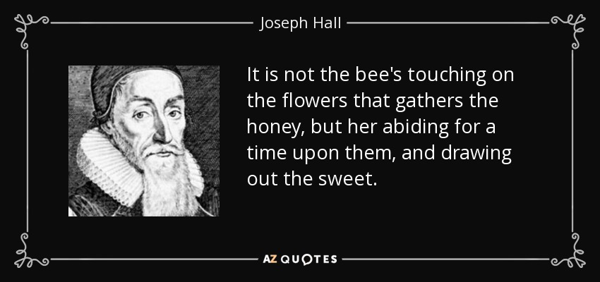 It is not the bee's touching on the flowers that gathers the honey, but her abiding for a time upon them, and drawing out the sweet. - Joseph Hall