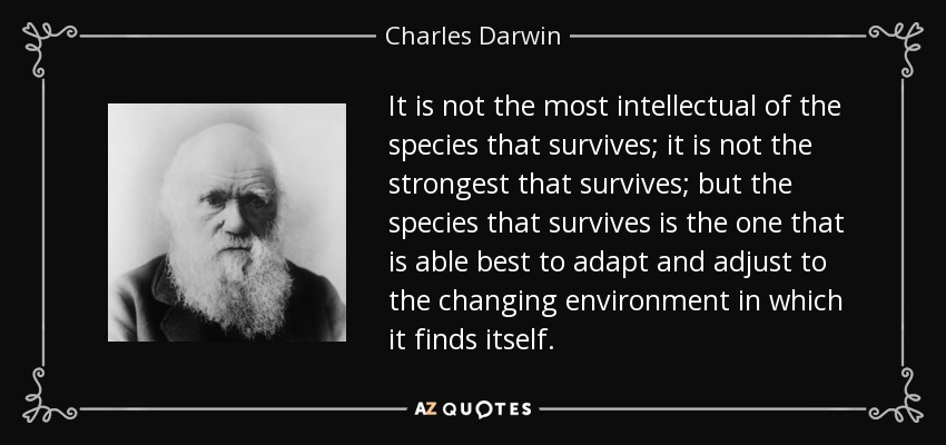 It is not the most intellectual of the species that survives; it is not the strongest that survives; but the species that survives is the one that is able best to adapt and adjust to the changing environment in which it finds itself. - Charles Darwin