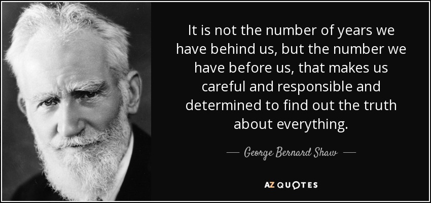 It is not the number of years we have behind us, but the number we have before us, that makes us careful and responsible and determined to find out the truth about everything. - George Bernard Shaw