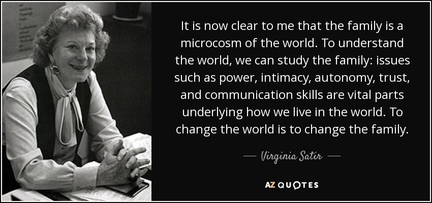 It is now clear to me that the family is a microcosm of the world. To understand the world, we can study the family: issues such as power, intimacy, autonomy, trust, and communication skills are vital parts underlying how we live in the world. To change the world is to change the family. - Virginia Satir