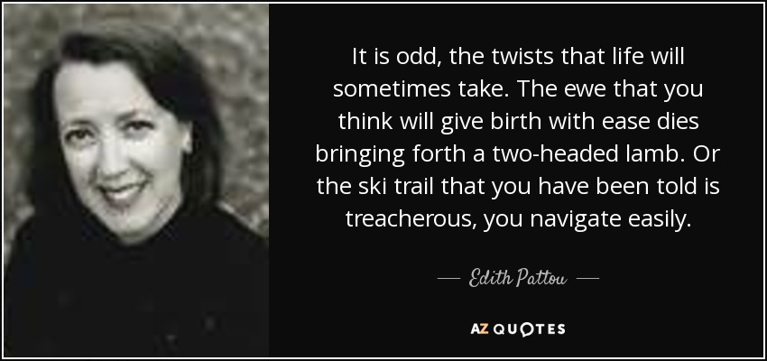 It is odd, the twists that life will sometimes take. The ewe that you think will give birth with ease dies bringing forth a two-headed lamb. Or the ski trail that you have been told is treacherous, you navigate easily. - Edith Pattou