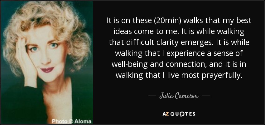 It is on these (20min) walks that my best ideas come to me. It is while walking that difficult clarity emerges. It is while walking that I experience a sense of well-being and connection, and it is in walking that I live most prayerfully. - Julia Cameron