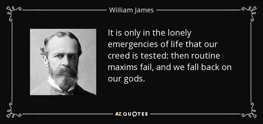 It is only in the lonely emergencies of life that our creed is tested: then routine maxims fail, and we fall back on our gods. - William James