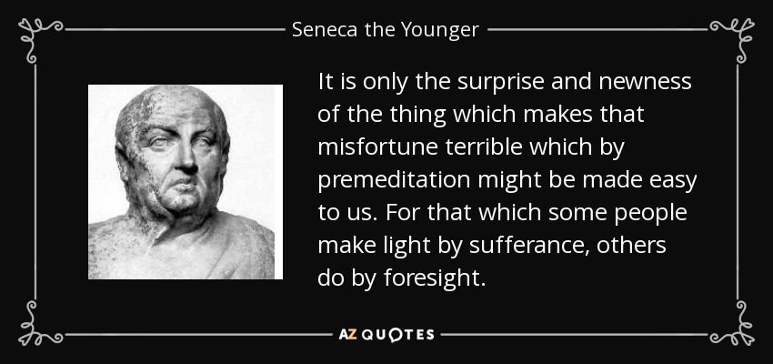 It is only the surprise and newness of the thing which makes that misfortune terrible which by premeditation might be made easy to us. For that which some people make light by sufferance, others do by foresight. - Seneca the Younger
