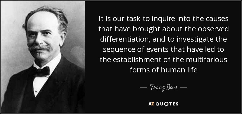 It is our task to inquire into the causes that have brought about the observed differentiation, and to investigate the sequence of events that have led to the establishment of the multifarious forms of human life - Franz Boas