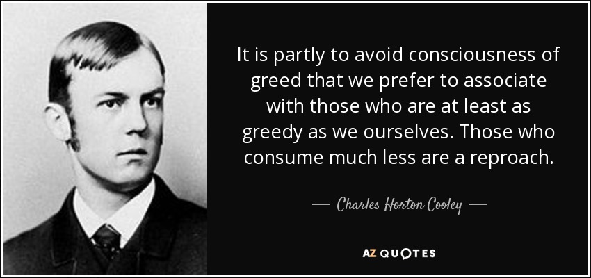 It is partly to avoid consciousness of greed that we prefer to associate with those who are at least as greedy as we ourselves. Those who consume much less are a reproach. - Charles Horton Cooley