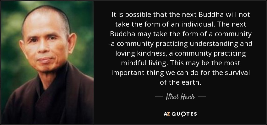 It is possible that the next Buddha will not take the form of an individual. The next Buddha may take the form of a community -a community practicing understanding and loving kindness, a community practicing mindful living. This may be the most important thing we can do for the survival of the earth. - Nhat Hanh