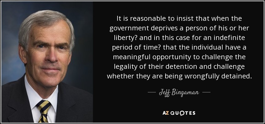 It is reasonable to insist that when the government deprives a person of his or her liberty? and in this case for an indefinite period of time? that the individual have a meaningful opportunity to challenge the legality of their detention and challenge whether they are being wrongfully detained. - Jeff Bingaman
