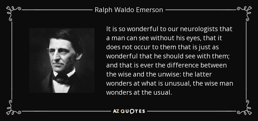It is so wonderful to our neurologists that a man can see without his eyes, that it does not occur to them that is just as wonderful that he should see with them; and that is ever the difference between the wise and the unwise: the latter wonders at what is unusual, the wise man wonders at the usual. - Ralph Waldo Emerson