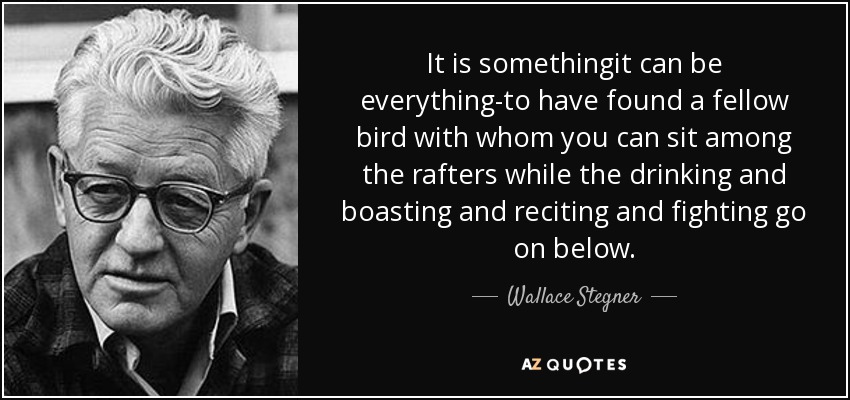 It is somethingit can be everything-to have found a fellow bird with whom you can sit among the rafters while the drinking and boasting and reciting and fighting go on below. - Wallace Stegner