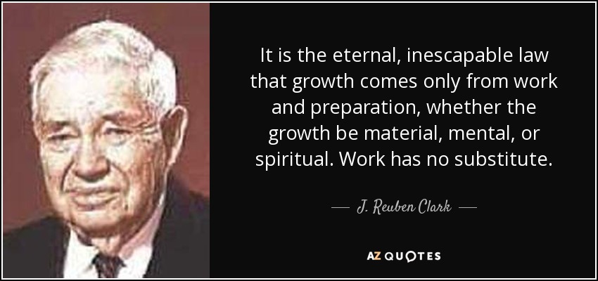 It is the eternal, inescapable law that growth comes only from work and preparation, whether the growth be material, mental, or spiritual. Work has no substitute. - J. Reuben Clark