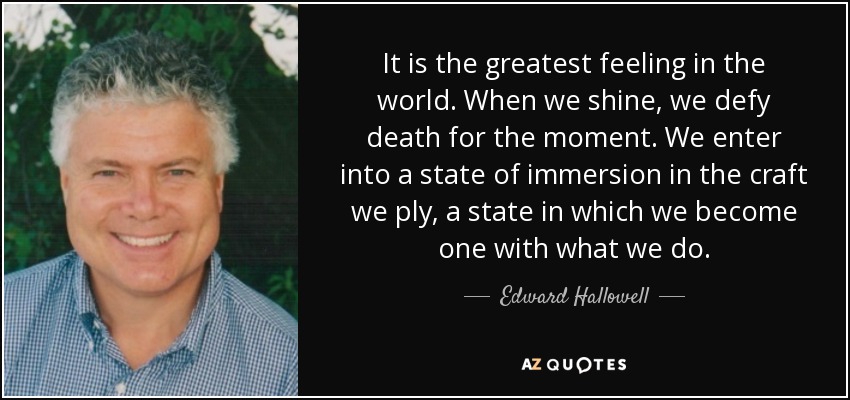 It is the greatest feeling in the world. When we shine, we defy death for the moment. We enter into a state of immersion in the craft we ply, a state in which we become one with what we do. - Edward Hallowell